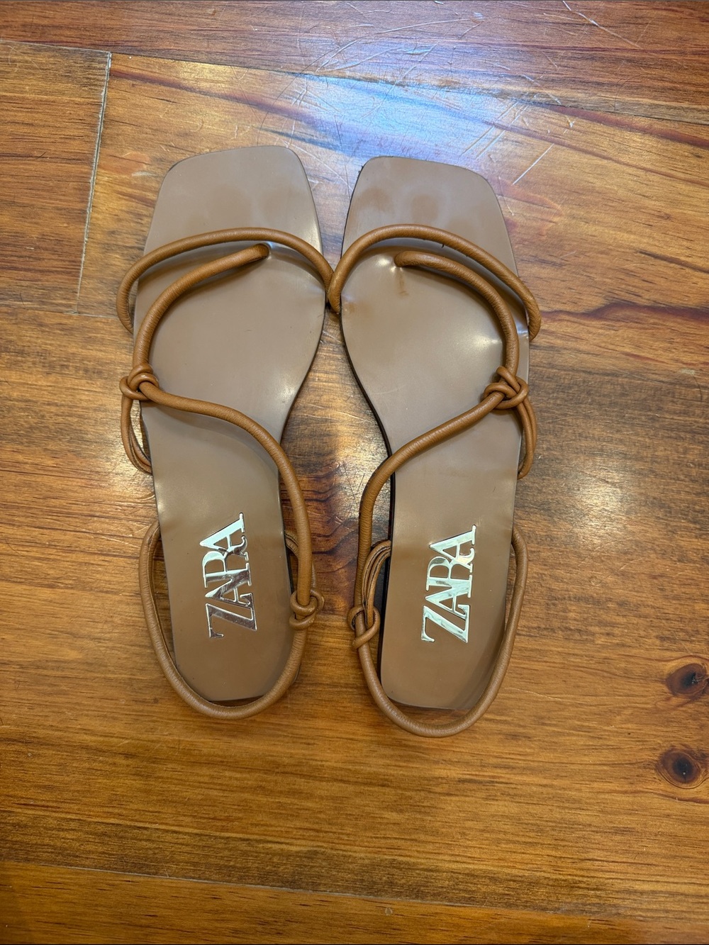 ZARA Brown Knotted Strappy Square-Toe Sandals